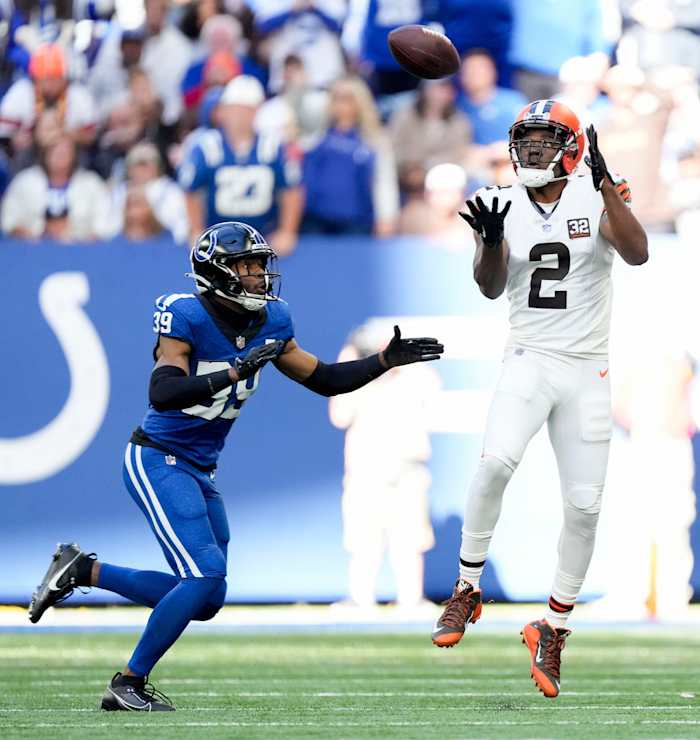 Indianapolis Colts cornerback Darrell Baker Jr. (39) moves in as Cleveland Browns wide receiver Amari Cooper (2) goes up to make a catch Sunday, Oct. 22, 2023, during a game against the Cleveland Browns at Lucas Oil Stadium in Indianapolis.
